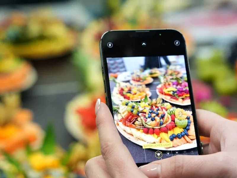 A phone photographing a fruit platter for Freshbox