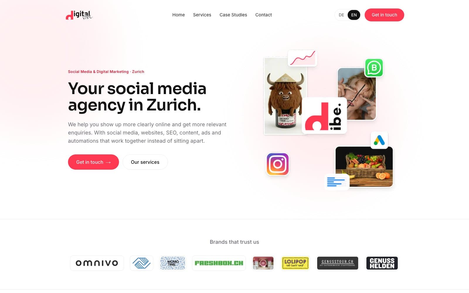 The dibe.agency homepage with the headline Your social media agency in Zurich