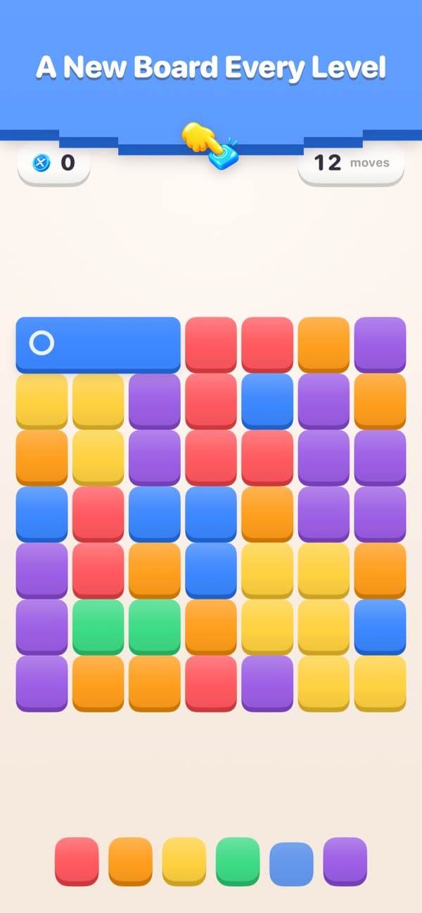 A fresh Bloxel board of coloured tiles, under the heading A New Board Every Level