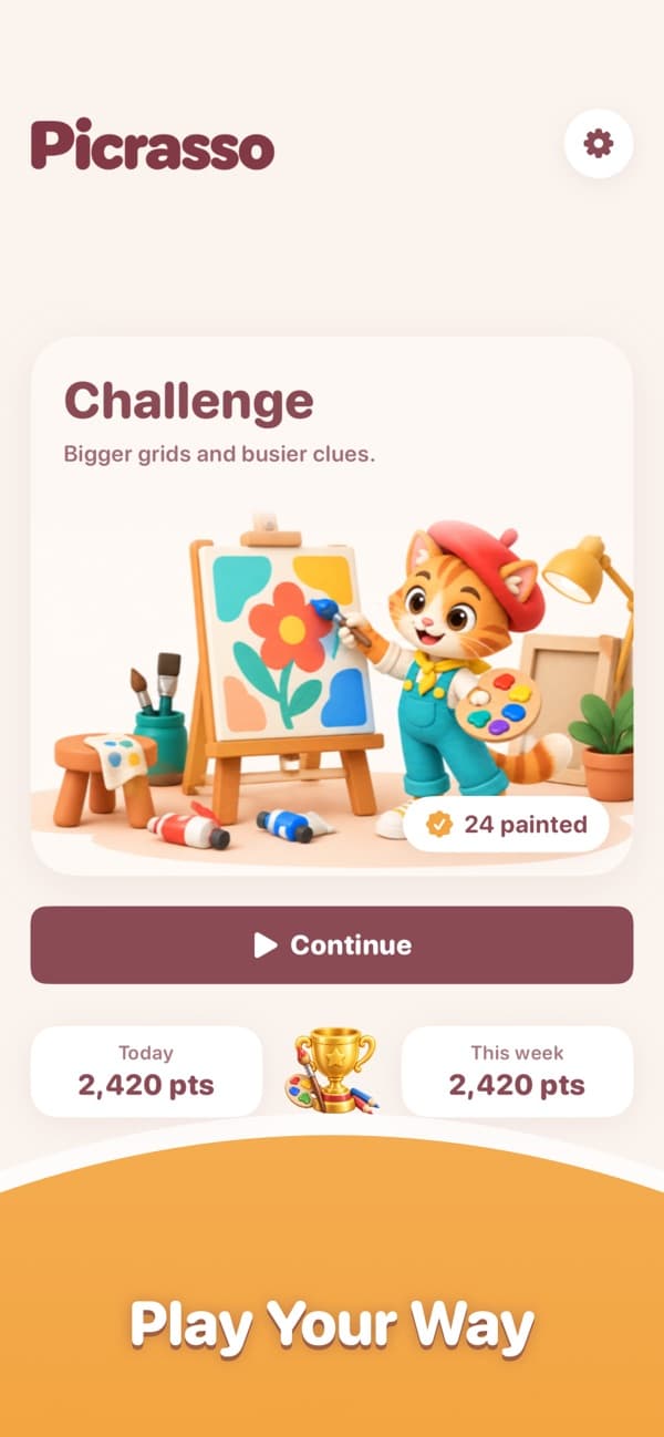 The Picrasso home screen with the Challenge mode selected