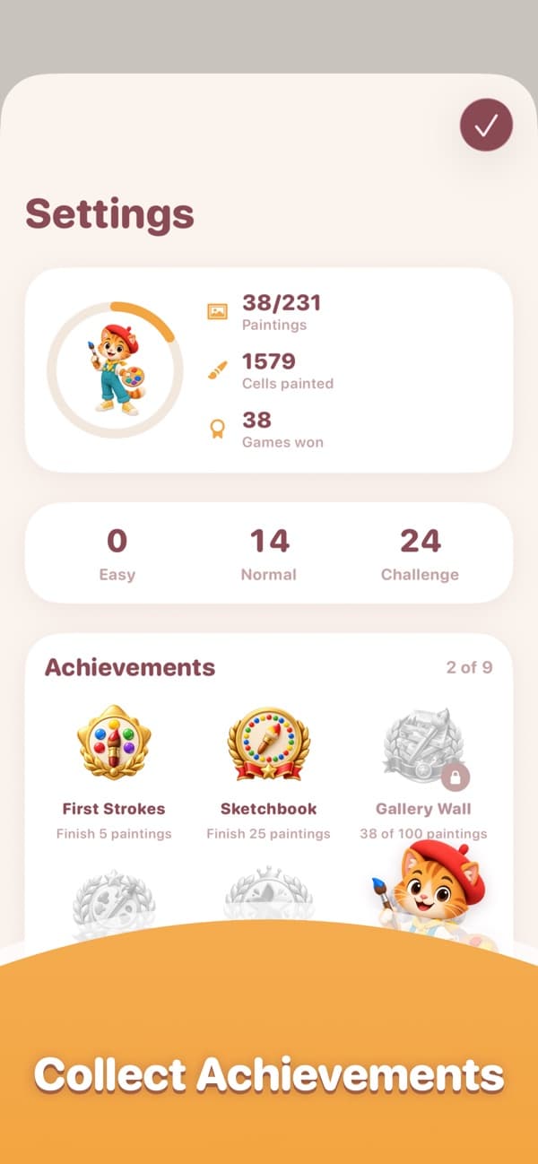 The Picrasso settings screen with stats and achievements
