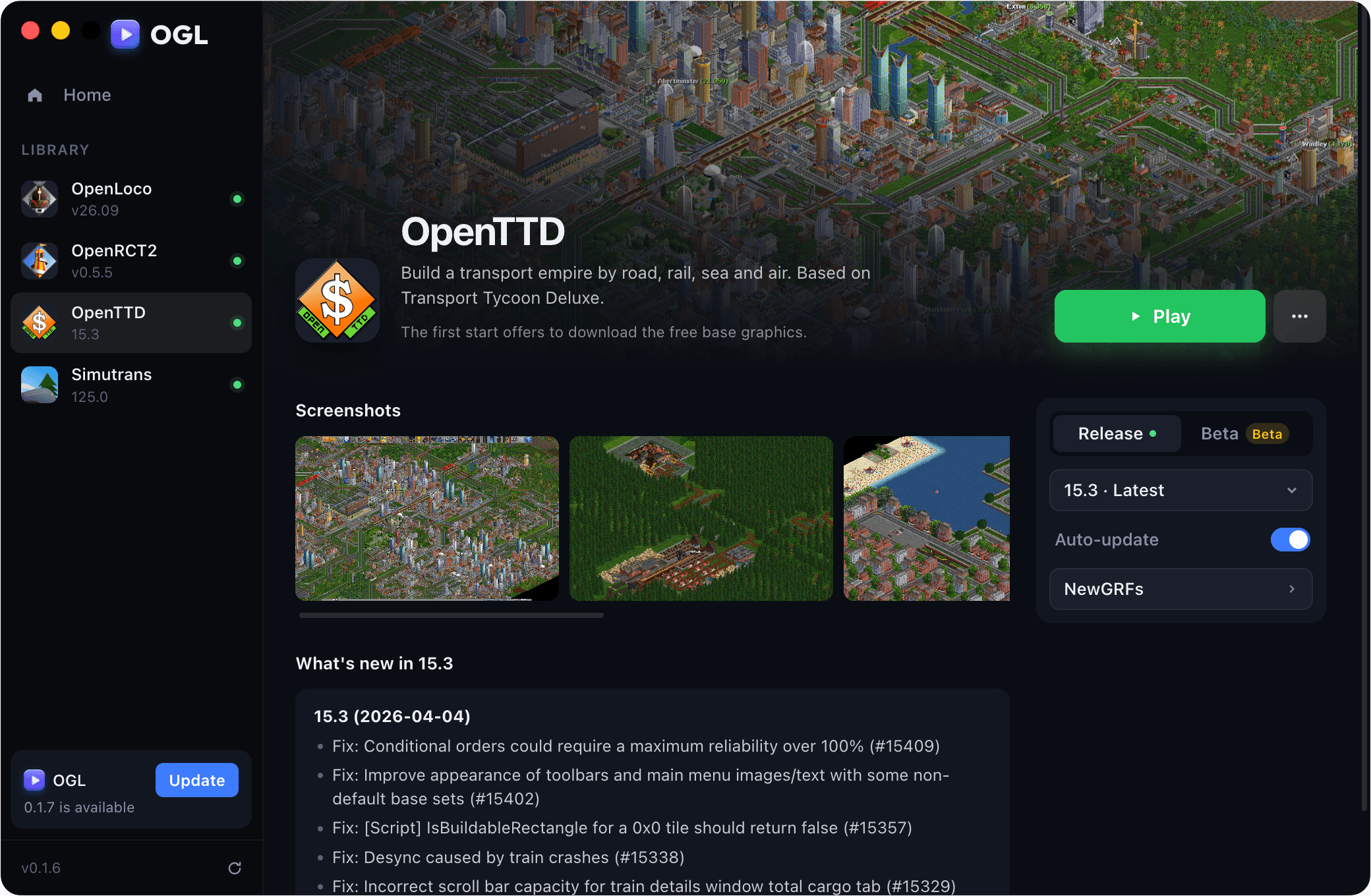 The OGL window showing the OpenTTD page with a Play button, screenshots, version picker and release notes