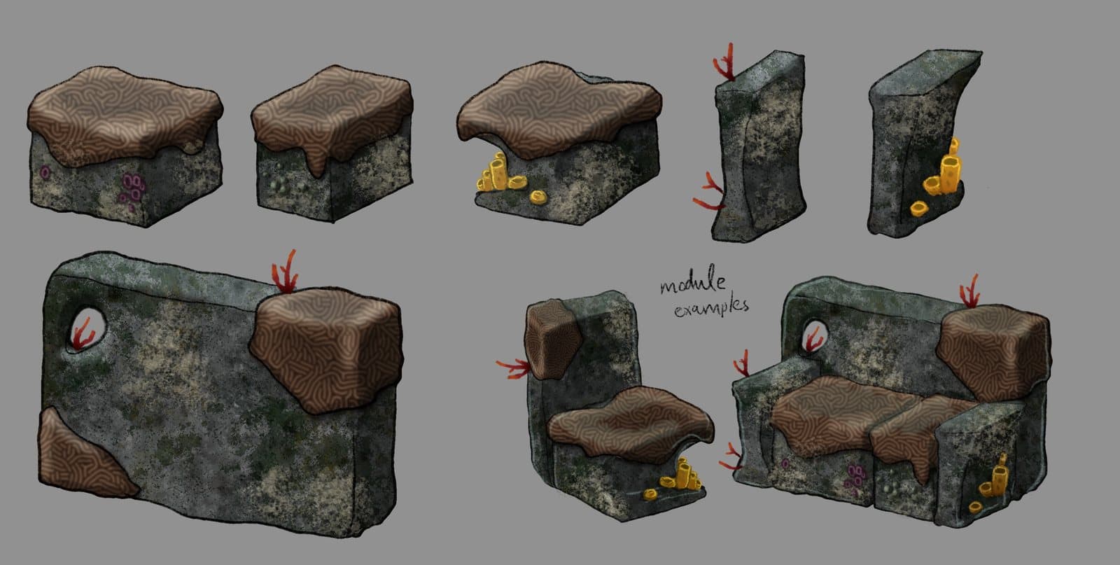 Concept art of modular underwater rock blocks with coral and sponges