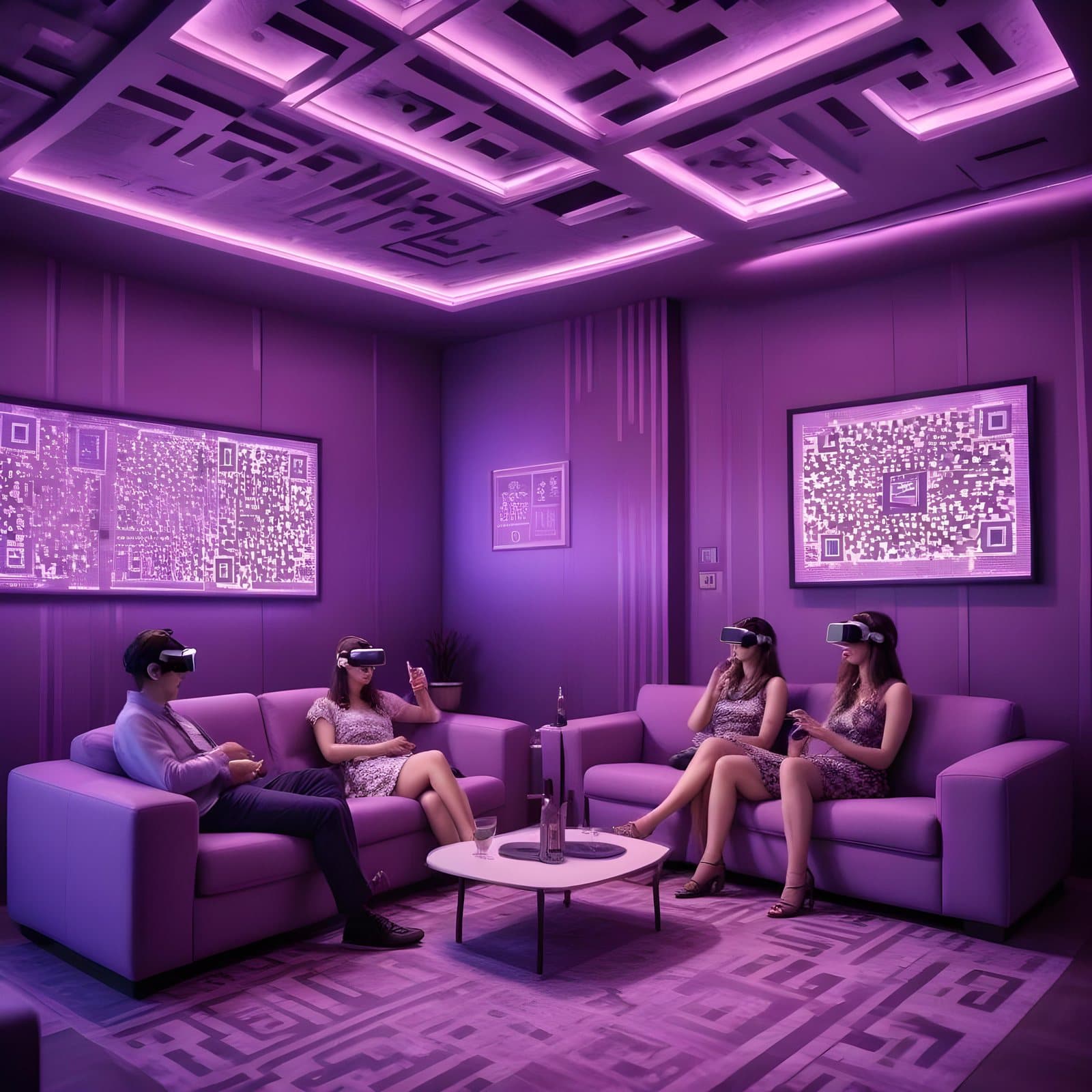 A rendering of a purple lit lounge where four people sit on sofas wearing VR headsets